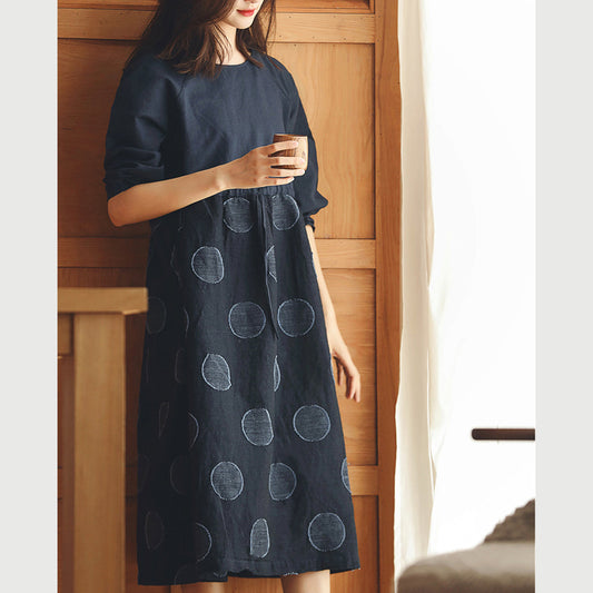 Baggy dunkelblau gepunktetes Baumwoll-Leinen-Kleid, trendige Baggy-Kleider in Übergröße mit Rundhalsausschnitt, feine Langarmkleider