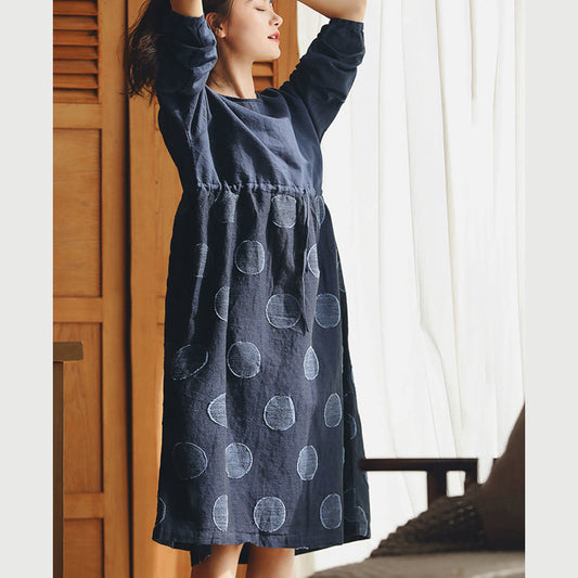 Baggy dunkelblau gepunktetes Baumwoll-Leinen-Kleid, trendige Baggy-Kleider in Übergröße mit Rundhalsausschnitt, feine Langarmkleider