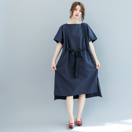 Baggy dunkelblau lange Baumwollkleider Plus Size O-Ausschnitt Taillenbund Kaftane Vintage Kurzarmkleider