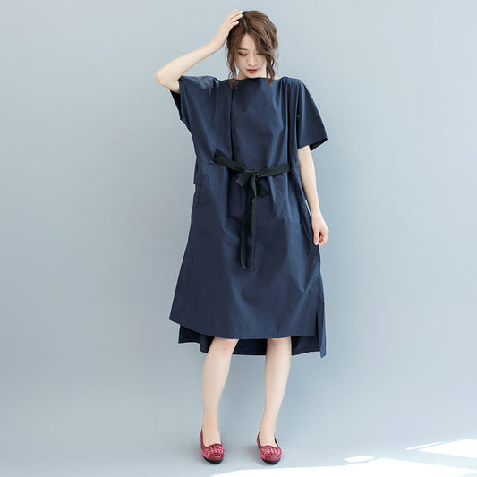Baggy dunkelblau lange Baumwollkleider Plus Size O-Ausschnitt Taillenbund Kaftane Vintage Kurzarmkleider
