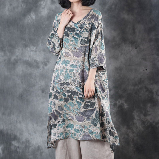 Baggy graues Leinen-T-Shirt in Midi-Länge, Leinen-Oberteile in Übergröße, neue Leinen-Oberteile mit halben Ärmeln und V-Ausschnitt, seitlich offen