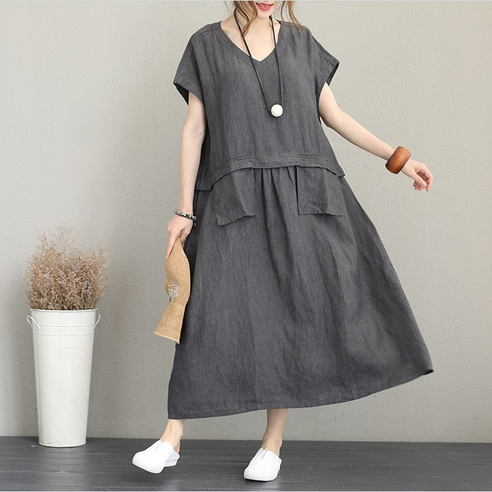 baggy graues Leinen Maxikleid Plus Size Kleidung V-Ausschnitt Leinen Kleidung Kleider feines Kleid mit zwei großen Taschen