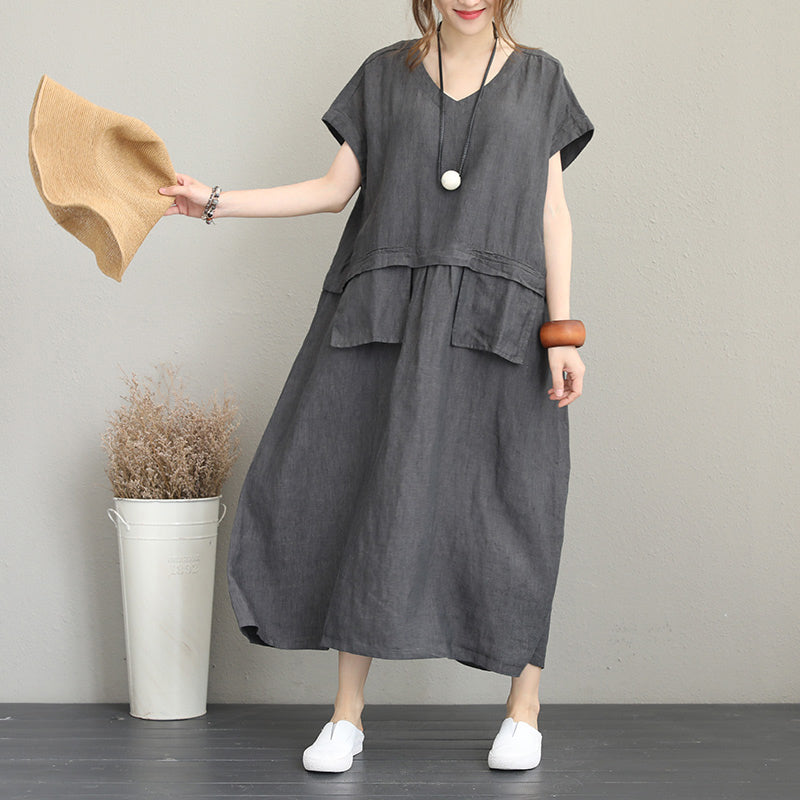baggy graues Leinen Maxikleid Plus Size Kleidung V-Ausschnitt Leinen Kleidung Kleider feines Kleid mit zwei großen Taschen