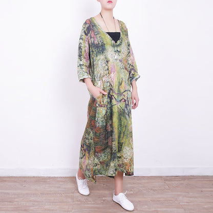 Baggy grünes Leinen Maxikleid Plus Size V-Ausschnitt Kleid Vintage seitlich offene Kaftane