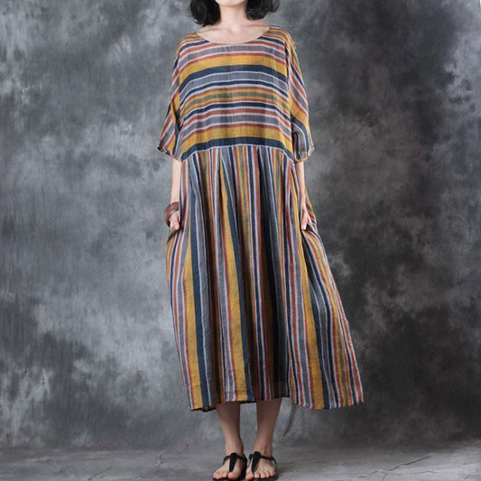 Baggy Leinen Sommerkleid Oversize Loose Retro Damen Ramie 12 Ärmel Sommerkleid