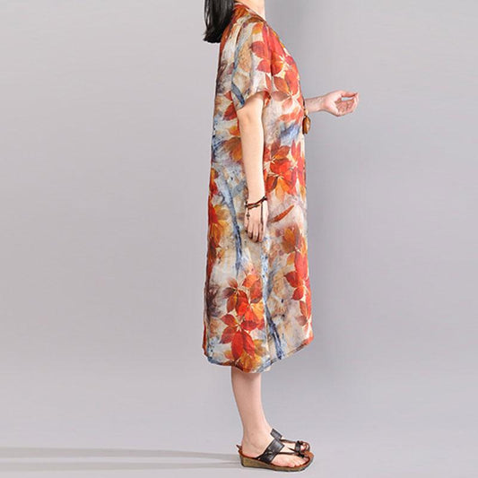 Baggy Leinen Sommerkleid Plus Size Kleidung Damen Bedrucktes Einreihiges Kurzarm Flachskleid