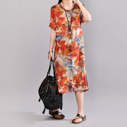 Baggy Leinen Sommerkleid Plus Size Kleidung Damen Bedrucktes Einreihiges Kurzarm Flachskleid