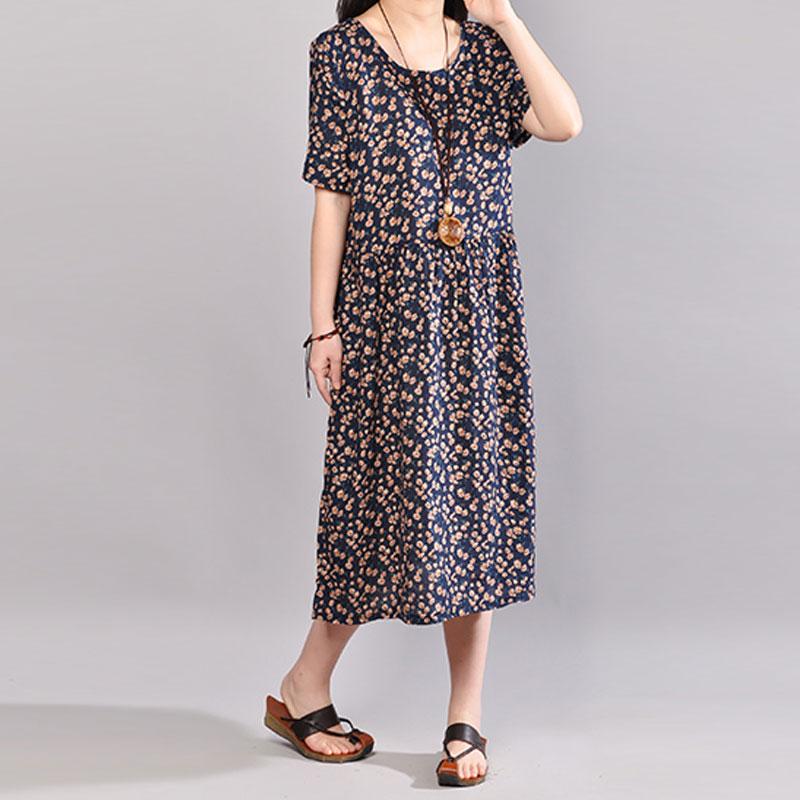 Baggy-langes Baumwollkleid, übergroßes Kleid mit Blumenmuster, Sommerkleid mit Rundhalsausschnitt und kurzen Ärmeln