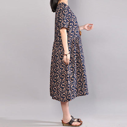 Baggy-langes Baumwollkleid, übergroßes Kleid mit Blumenmuster, Sommerkleid mit Rundhalsausschnitt und kurzen Ärmeln