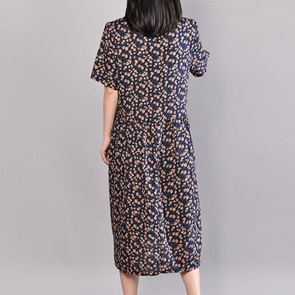 Baggy-langes Baumwollkleid, übergroßes Kleid mit Blumenmuster, Sommerkleid mit Rundhalsausschnitt und kurzen Ärmeln