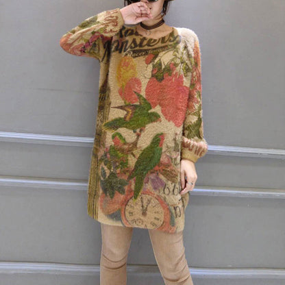 Baggy Loose Bird Print Wollmischpullover Tops Elastisch Plus Size Casual Damen Strickpullover