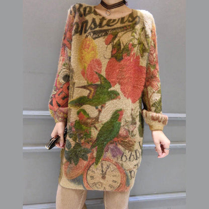 Baggy Loose Bird Print Wollmischpullover Tops Elastisch Plus Size Casual Damen Strickpullover