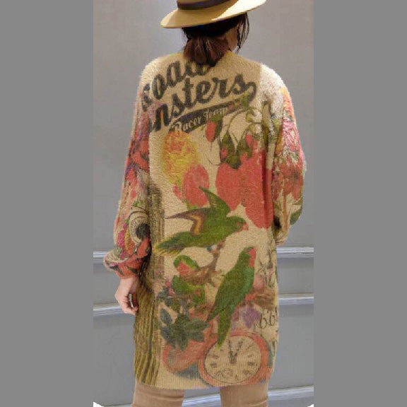 Baggy Loose Bird Print Wollmischpullover Tops Elastisch Plus Size Casual Damen Strickpullover