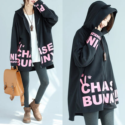 Baggy lose schwarze Baumwolle Kapuzenmäntel Winter lässig übergroße Drucke Outwear