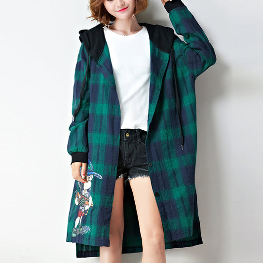 Baggy Loose Grid Baumwoll-Cardigan Oversize Low High Kapuzenmäntel Cartoon-Prints