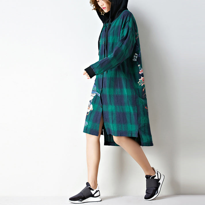 Baggy Loose Grid Baumwoll-Cardigan Oversize Low High Kapuzenmäntel Cartoon-Prints