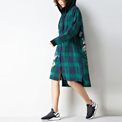 Baggy Loose Grid Baumwoll-Cardigan Oversize Low High Kapuzenmäntel Cartoon-Prints