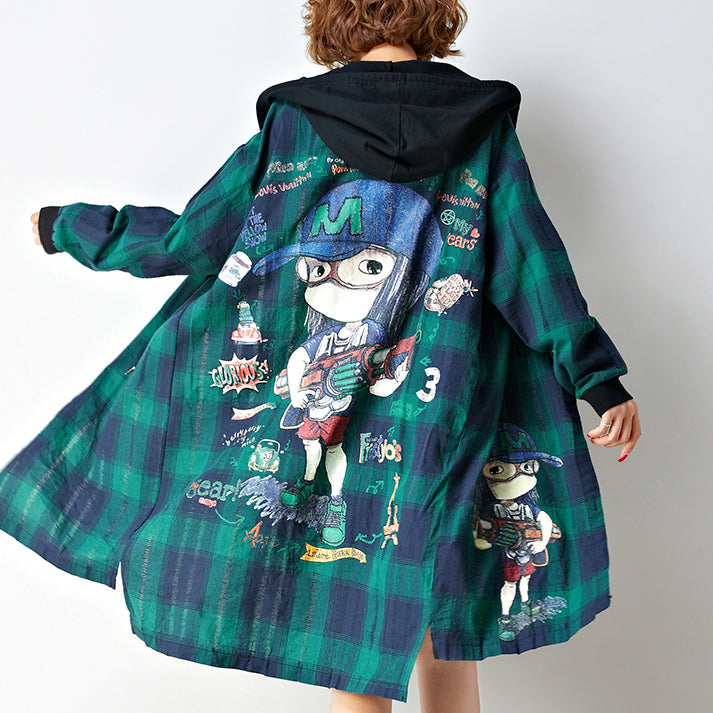 Baggy Loose Grid Baumwoll-Cardigan Oversize Low High Kapuzenmäntel Cartoon-Prints