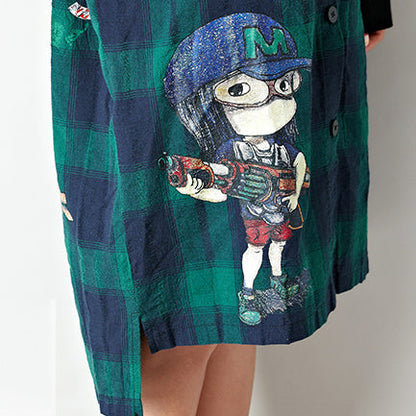 Baggy Loose Grid Baumwoll-Cardigan Oversize Low High Kapuzenmäntel Cartoon-Prints
