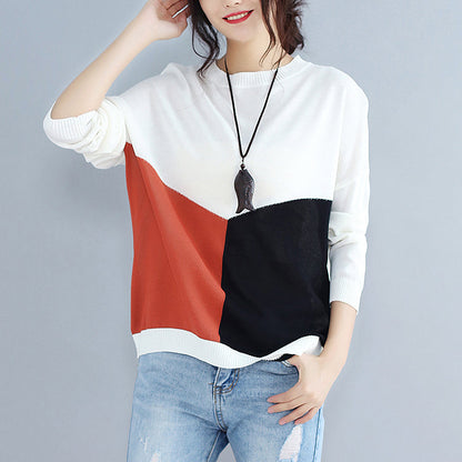 Baggy lose Patchwork Herbst Wollstrickoberteile Plus Size Langarmpullover Pullover