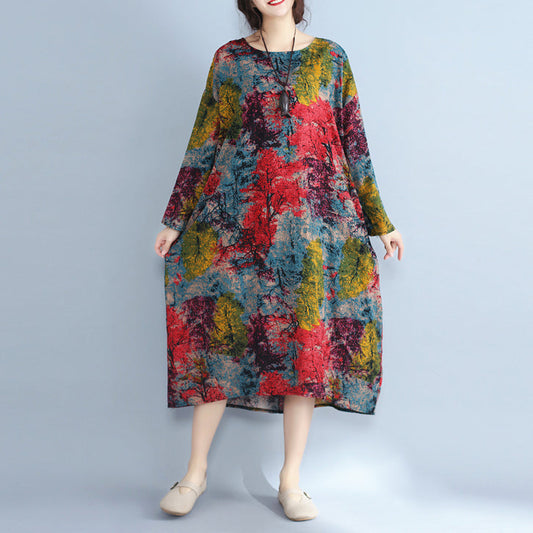 Baggy Multi-Color Naturleinenkleid Plus Size Prints Kleid Feine O-Ausschnitt Kaftane