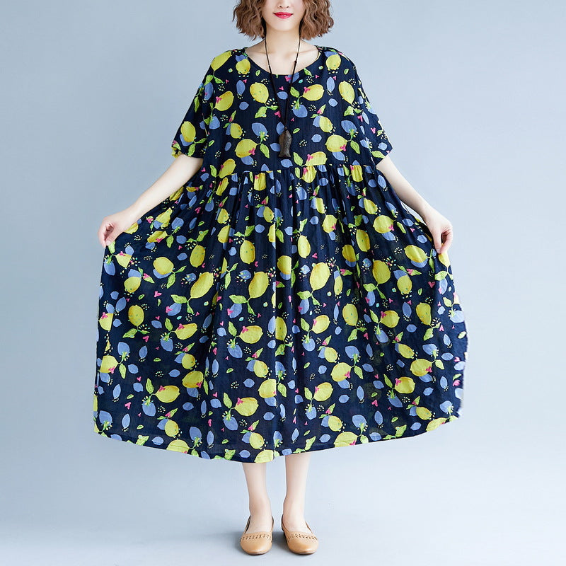 Baggy Navy Print lange Baumwoll-Leinen-Kleider Plus Size Kurzarm Print Baggy Kleider lang Feines V-Ausschnitt Leinen-Baumwoll-Kleid