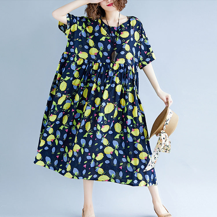 Baggy Navy Print lange Baumwoll-Leinen-Kleider Plus Size Kurzarm Print Baggy Kleider lang Feines V-Ausschnitt Leinen-Baumwoll-Kleid