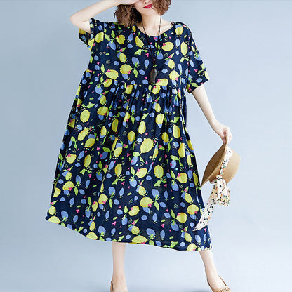 Baggy Navy Print lange Baumwoll-Leinen-Kleider Plus Size Kurzarm Print Baggy Kleider lang Feines V-Ausschnitt Leinen-Baumwoll-Kleid