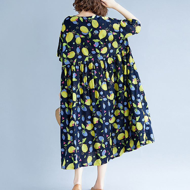 Baggy Navy Print lange Baumwoll-Leinen-Kleider Plus Size Kurzarm Print Baggy Kleider lang Feines V-Ausschnitt Leinen-Baumwoll-Kleid