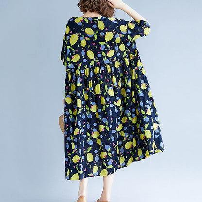 Baggy Navy Print lange Baumwoll-Leinen-Kleider Plus Size Kurzarm Print Baggy Kleider lang Feines V-Ausschnitt Leinen-Baumwoll-Kleid