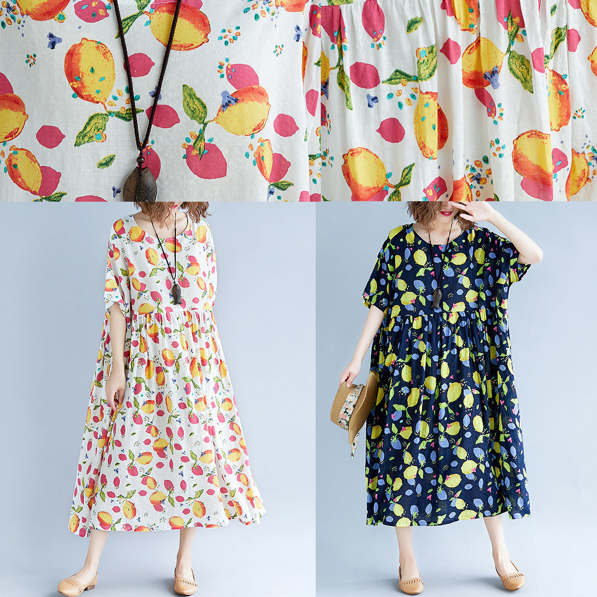 Baggy Navy Print lange Baumwoll-Leinen-Kleider Plus Size Kurzarm Print Baggy Kleider lang Feines V-Ausschnitt Leinen-Baumwoll-Kleid