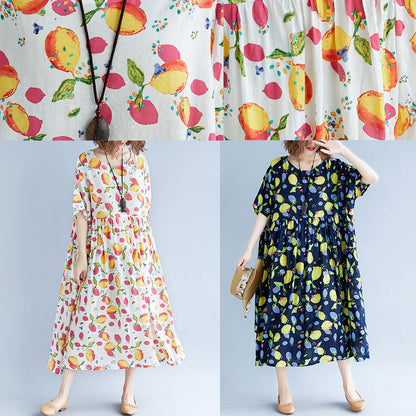 Baggy Navy Print lange Baumwoll-Leinen-Kleider Plus Size Kurzarm Print Baggy Kleider lang Feines V-Ausschnitt Leinen-Baumwoll-Kleid