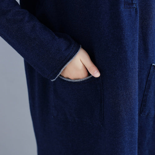 Baggy neue Marine Mode lässige Strickkleider lose Langarm Taschen Pullover Kleid