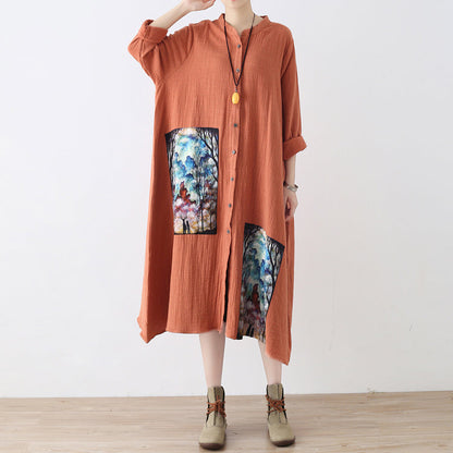 Baggy orange langes Leinenhemdkleid Plus Size Patchworkkleid Feine asymmetrische Leinenkaftane