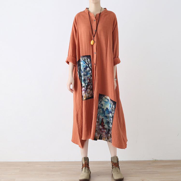 Baggy orange langes Leinenhemdkleid Plus Size Patchworkkleid Feine asymmetrische Leinenkaftane