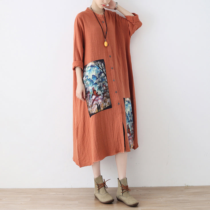 Baggy orange langes Leinenhemdkleid Plus Size Patchworkkleid Feine asymmetrische Leinenkaftane