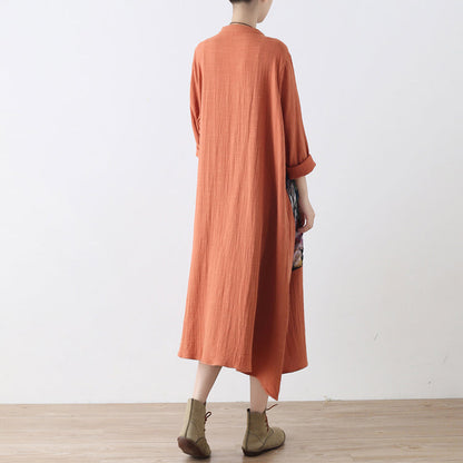 Baggy orange langes Leinenhemdkleid Plus Size Patchworkkleid Feine asymmetrische Leinenkaftane