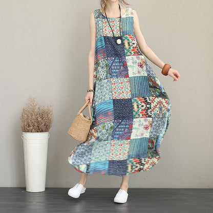 Baggy Patchwork Prints Leinenkleider Locker sitzende ärmellose Reisekleidung lässige Leinenkaftane mit großem Saum