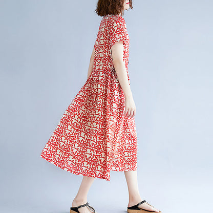 Baggy-Kleider aus rotem Baumwollleinen, locker sitzende Baggy-Kleider mit kurzen Ärmeln und Print, Maxikleid 2018, Reisekleid mit Rundhalsausschnitt