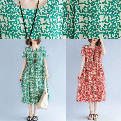 Baggy-Kleider aus rotem Baumwollleinen, locker sitzende Baggy-Kleider mit kurzen Ärmeln und Print, Maxikleid 2018, Reisekleid mit Rundhalsausschnitt