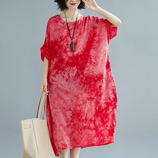 Baggy rote Leinenkleider Oversize O Hals florales Leinenkleid Elegante Kurzarm Baggy Kleider Leinenkaftane