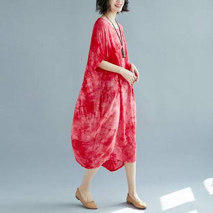 Baggy rote Leinenkleider Oversize O Hals florales Leinenkleid Elegante Kurzarm Baggy Kleider Leinenkaftane