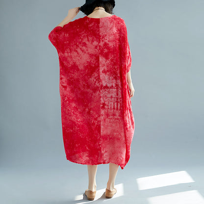 Baggy rote Leinenkleider Oversize O Hals florales Leinenkleid Elegante Kurzarm Baggy Kleider Leinenkaftane