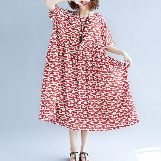 Baggy-Kleider aus rotem, langem Baumwollleinen, trendige Baggy-Kleider in Übergröße mit kurzen Ärmeln, feine Kaftane mit Rundhalsausschnitt