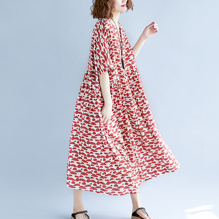 baggy red long cotton linen dresses trendy plus size short sleeve baggy dresses fine o neck caftans