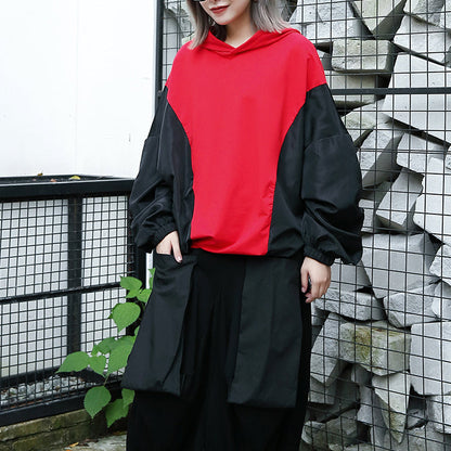 Baggy rote Tops in Übergröße mit Kapuze, Patchwork-Baumwollmischung, Blusen, feine Tops mit Fledermausärmeln