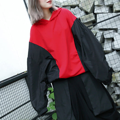 Baggy rote Tops in Übergröße mit Kapuze, Patchwork-Baumwollmischung, Blusen, feine Tops mit Fledermausärmeln