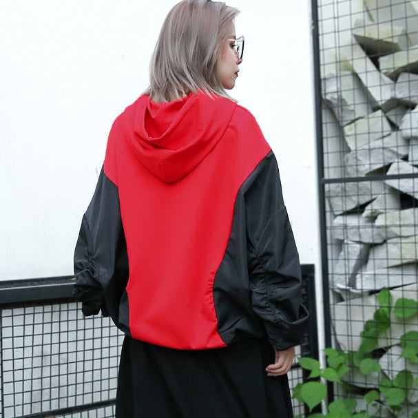 Baggy rote Tops in Übergröße mit Kapuze, Patchwork-Baumwollmischung, Blusen, feine Tops mit Fledermausärmeln