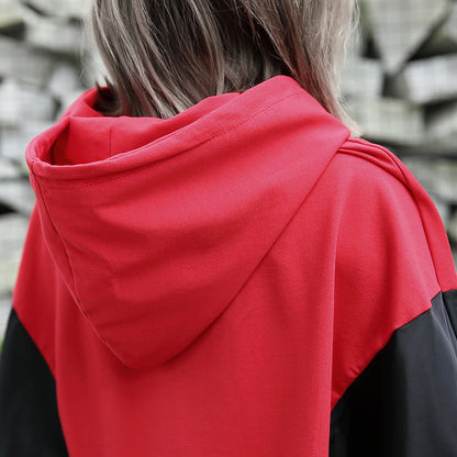 Baggy rote Tops in Übergröße mit Kapuze, Patchwork-Baumwollmischung, Blusen, feine Tops mit Fledermausärmeln
