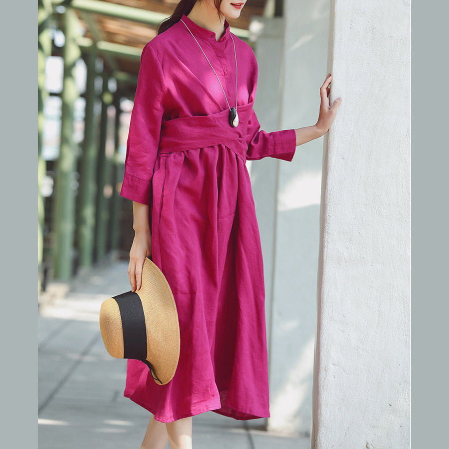 Baggy Rose Baumwolle Leinen Kleid Casual Stand Baumwolle Leinen Kleidung Kleid Neue Dreiviertel Ärmel Baggy Kleider